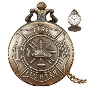 Pocket Watch Firefighter Flip Open Chained Patriotic Retro Quartz Bronze Gift